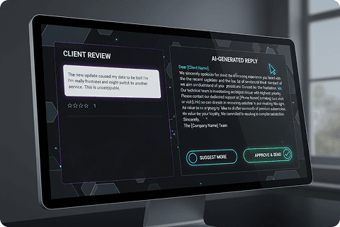 An AI-generated reply drafted beside a client's review, with Suggest more and Approve and send buttons